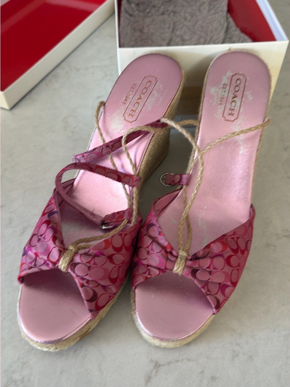 COACH Pink Signature Canvas Espadrille Wedges with Braided Ties